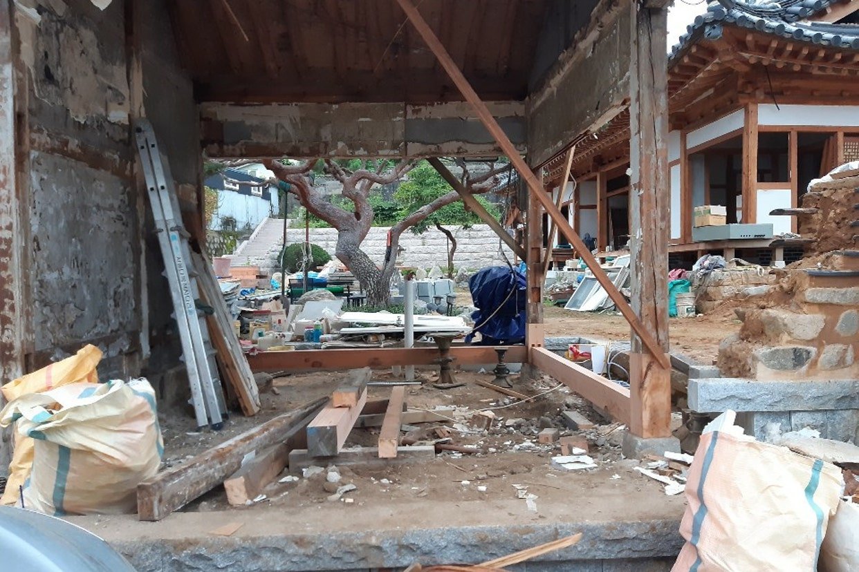 철거된 본채 틀 사이로 보이는 마당의 소나무